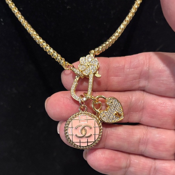 Upcycled Jewelry - Gold Chain Necklace with Designer Pink Medallion and Heart Charms
